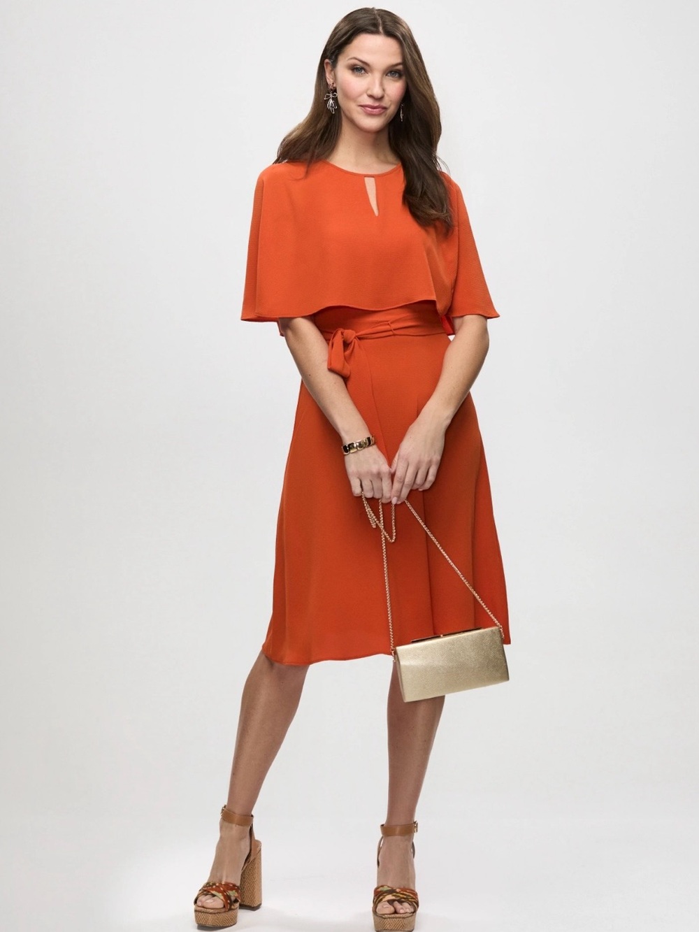 London Times Coral Orange A-Line Midi Dress with Tie-Waist
